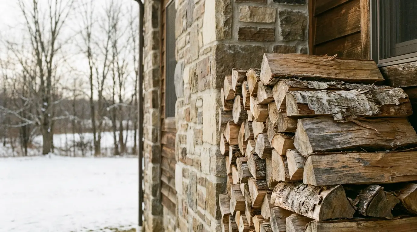 Stacked firewood against rustic stone cabin in snowy, wooded outdoor setting