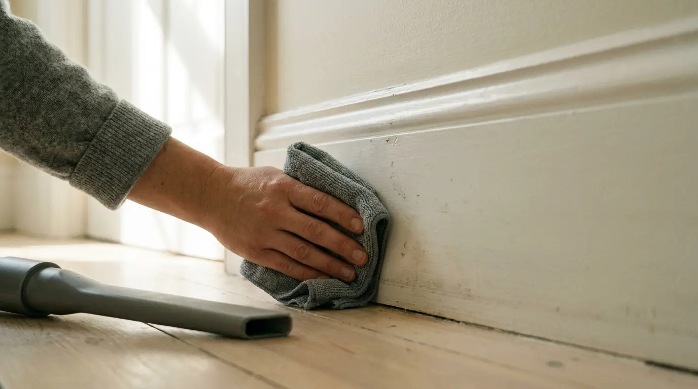 Hand cleaning a white baseboard with a cloth in a sunlit room with wooden floor