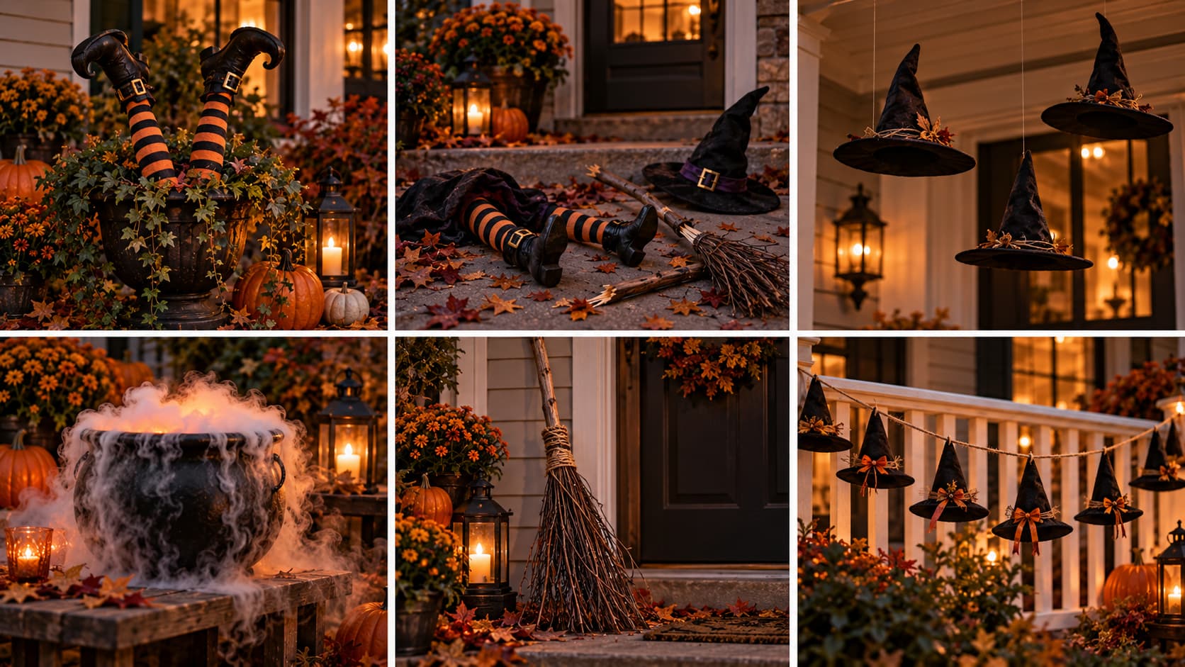 Six-panel photo grid showing various DIY witch and cauldron Halloween props.