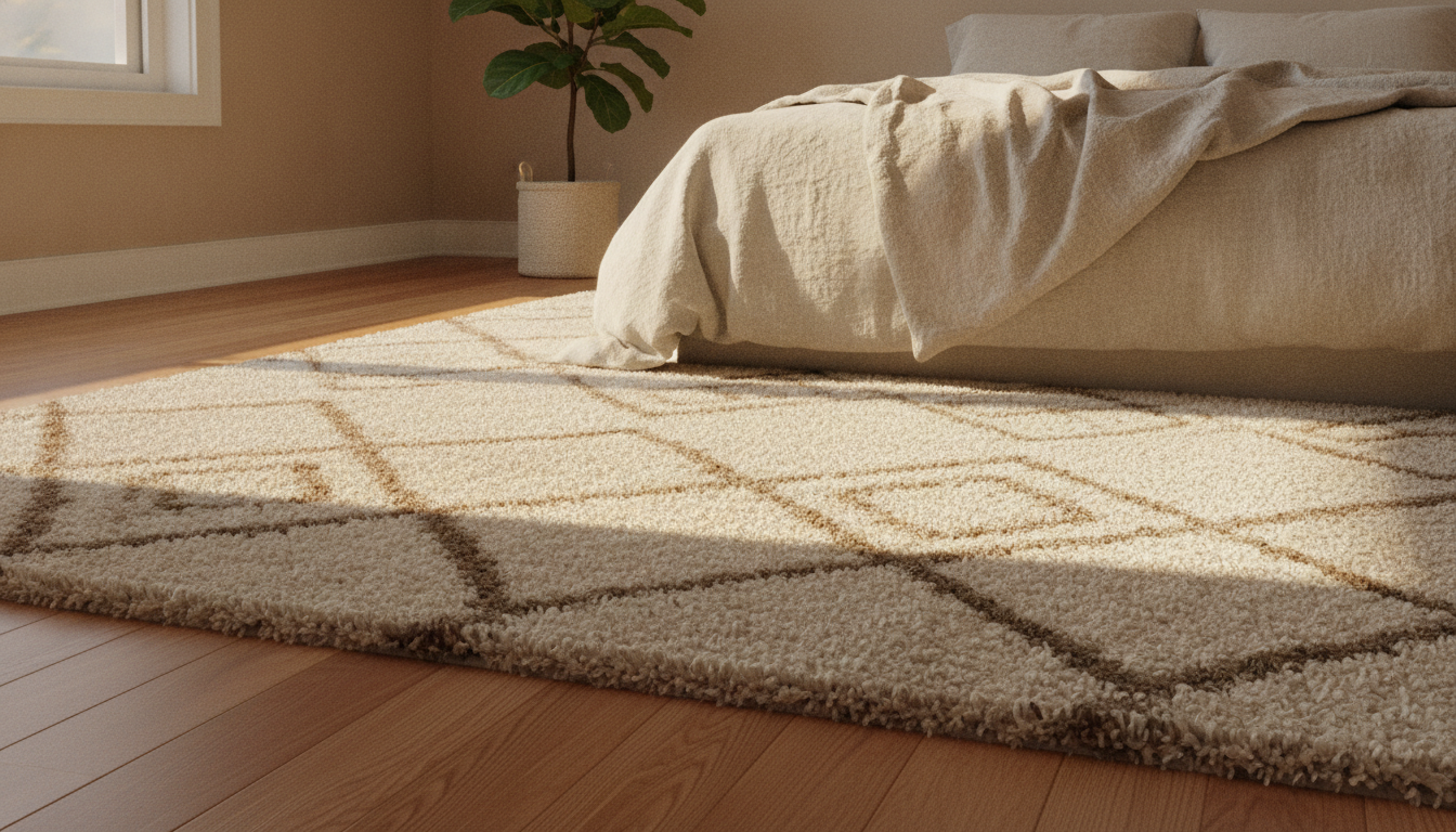 Bed with beige linens next to geometric patterned rug in sunlit bedroom with wooden floor