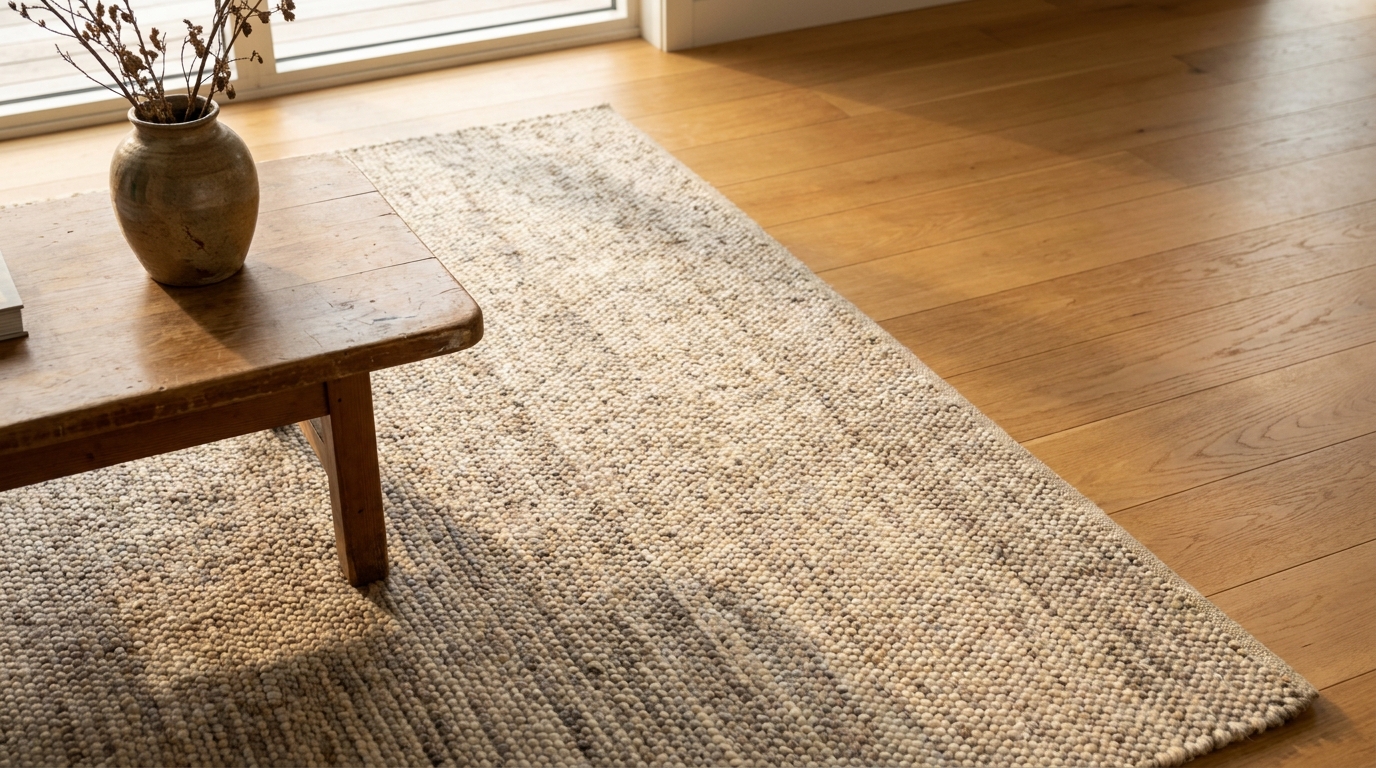 Wooden table with ceramic vase on woven rug in sunlit room with hardwood floor
