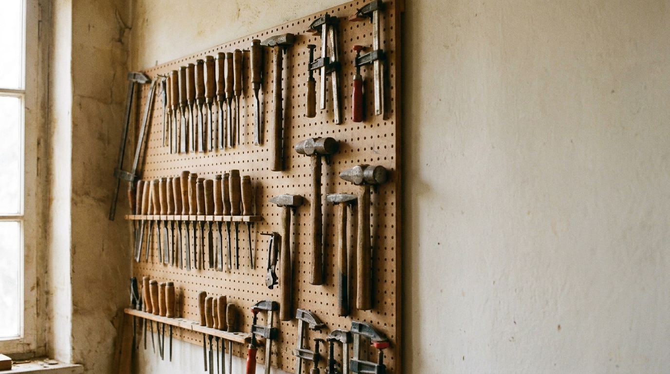 Woodworking tools hanging on pegboard in rustic workshop near window