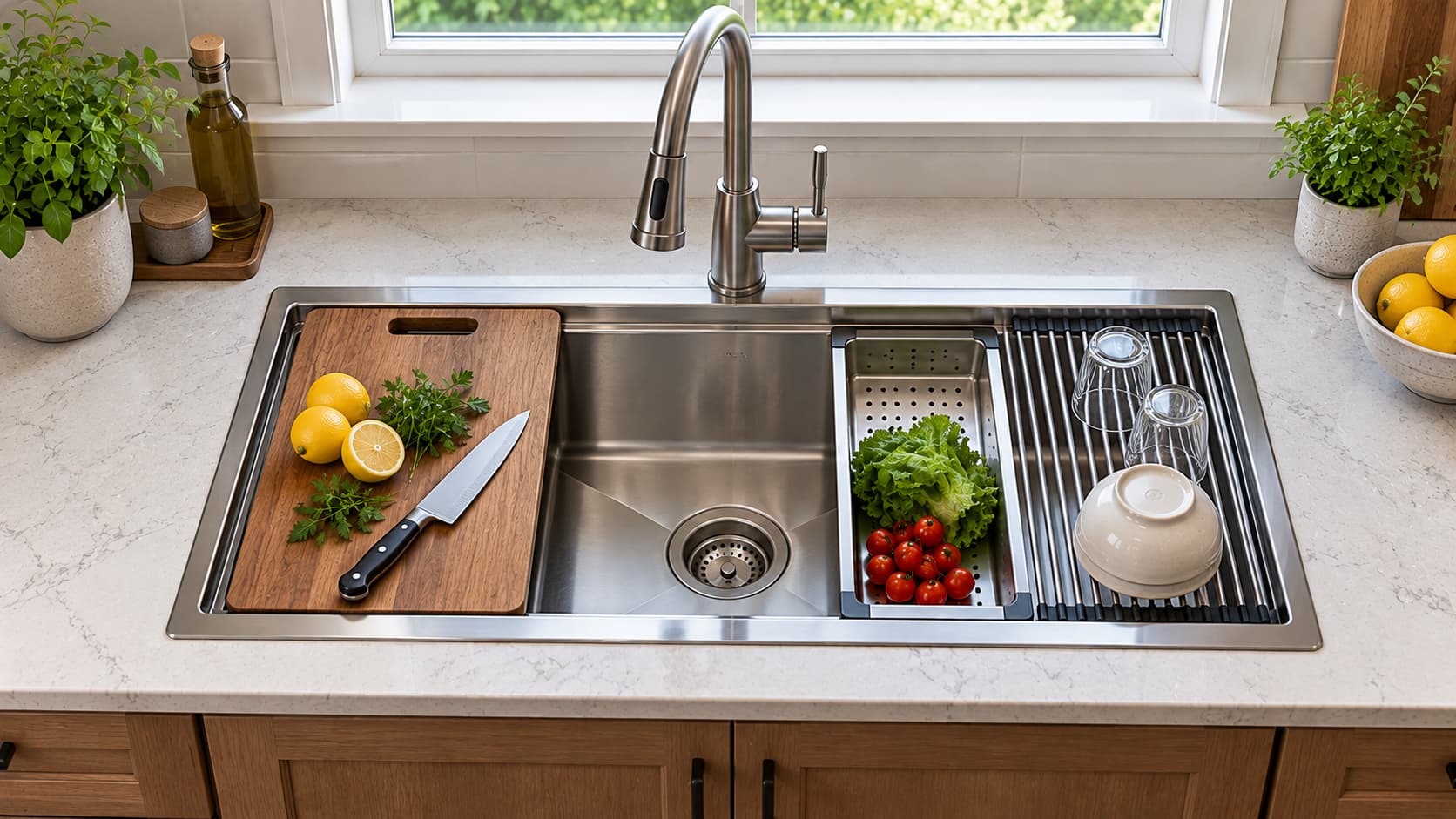 Workstation kitchen sink with built-in ledges holding a wooden cutting board and drying rack.