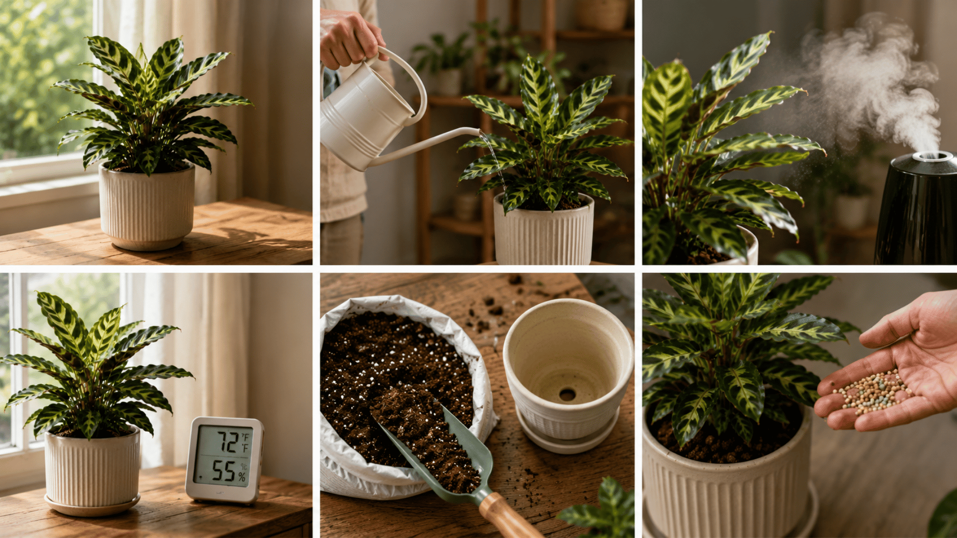 realistic six-image collage showing <echighlighted><echighlighted><echighlighted><echighlighted>zebra plant care</echighlighted></echighlighted></echighlighted></echighlighted> with light, watering, humidity, temperature, soil, and feeding