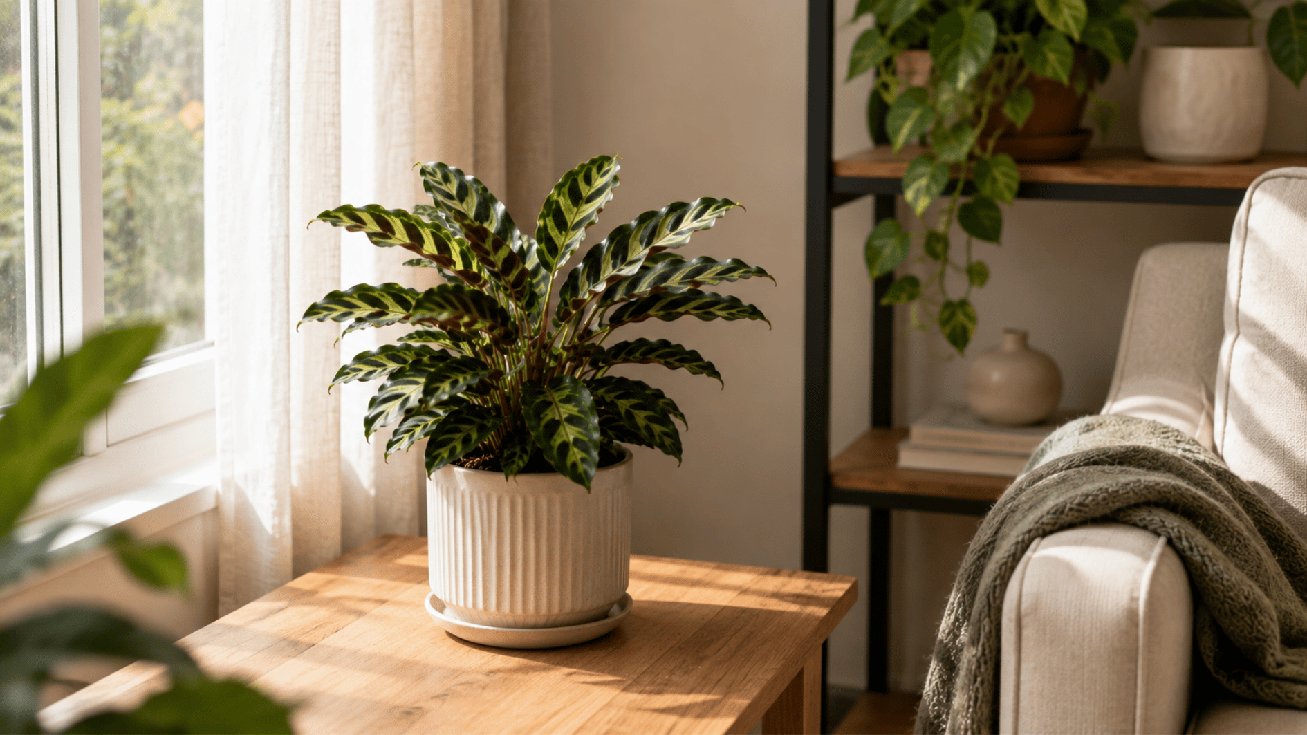 zebra plant in a bright indoor spot near a curtained window with soft natural light and a warm living room setting