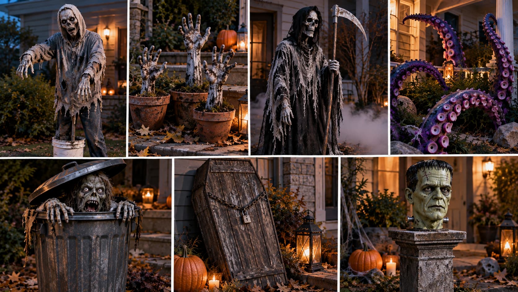 Multi-panel collage showing various DIY zombie and monster Halloween decorations.