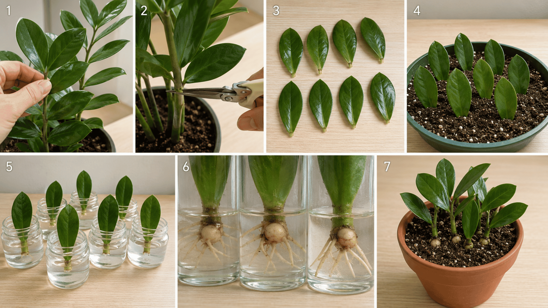 seven panel collage showing zz plant leaf propagation from selecting healthy leaflets to potting rooted cuttings