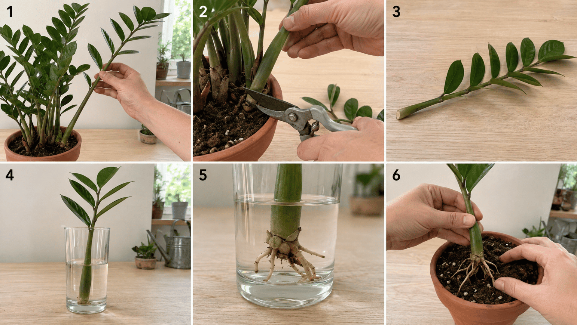 six panel collage showing zz plant propagation from selecting a healthy stem to potting the rooted cutting