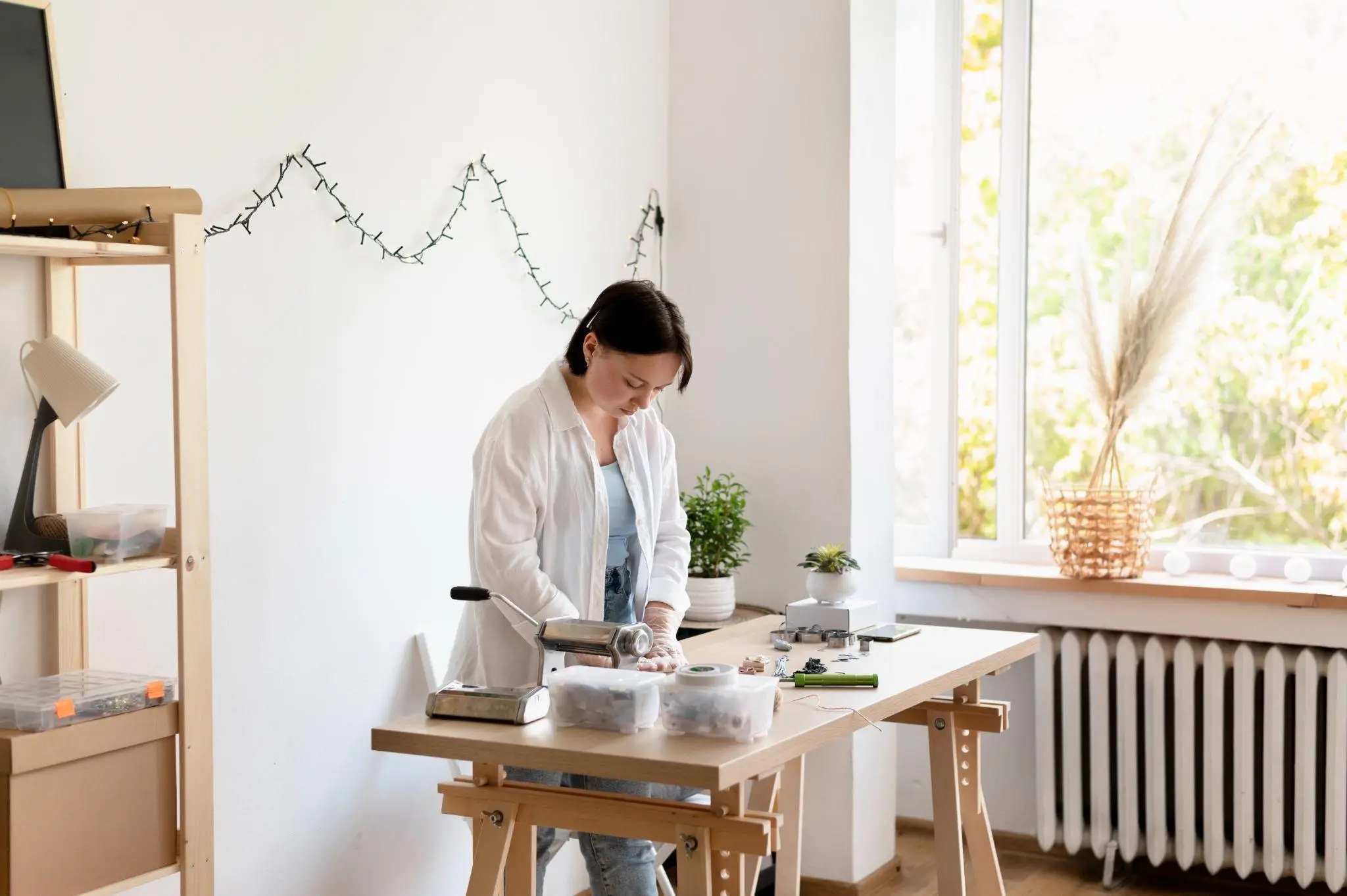 Person making crafts at wooden table in sunlit room with plants and string lights