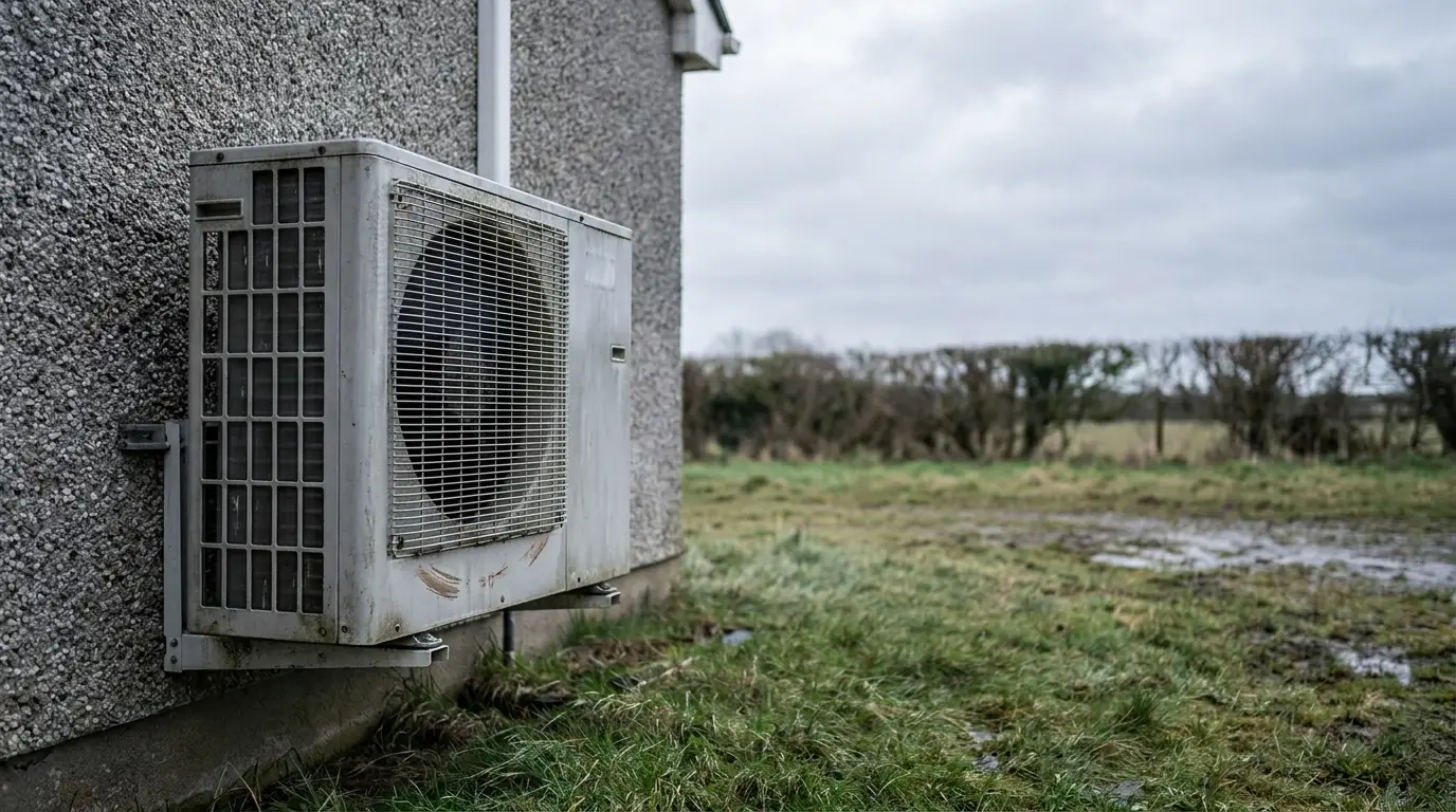 Outdoor air conditioning unit mounted on a textured wall in a grassy rural setting