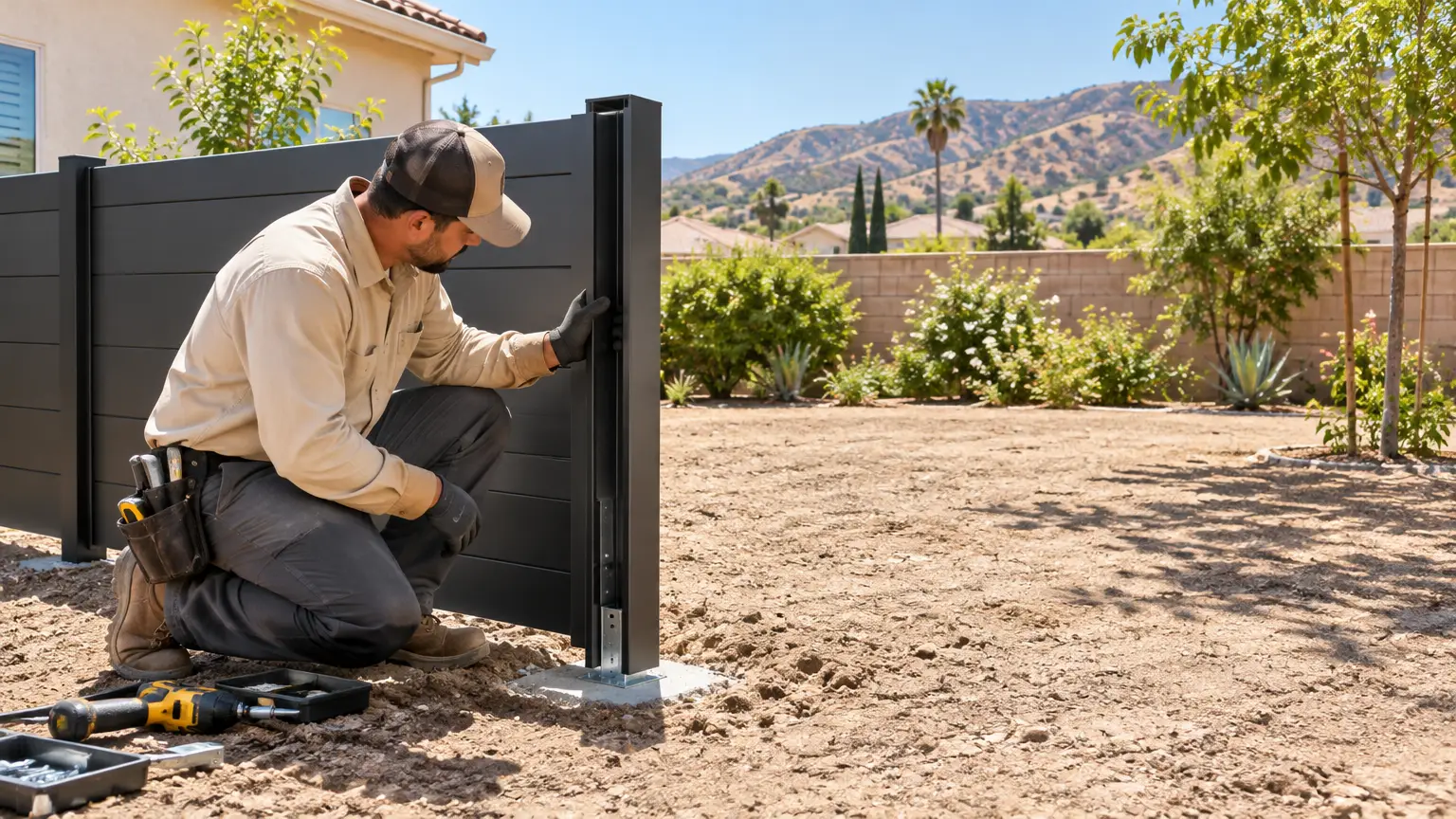 Worker installing black fence panel in sunny backyard with tools on dry ground