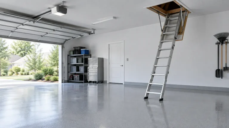 Spacious garage interior with attic ladder, storage shelves, and open ceiling hatch