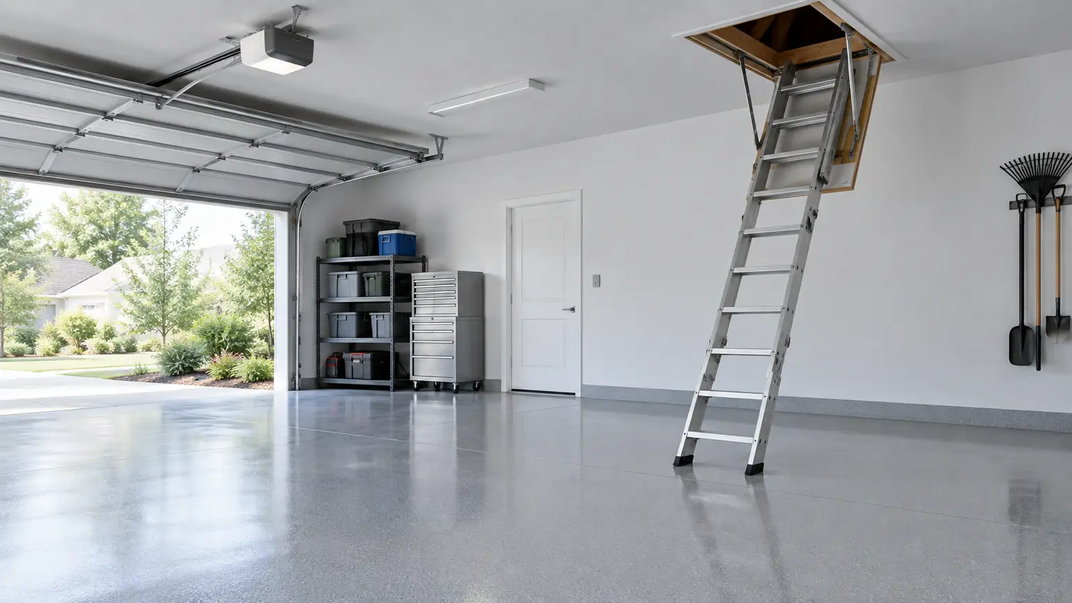 Spacious garage interior with attic ladder, storage shelves, and open ceiling hatch