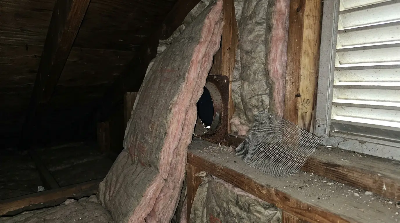 Exposed insulation and rusty vent pipe in dimly lit attic with wooden beams