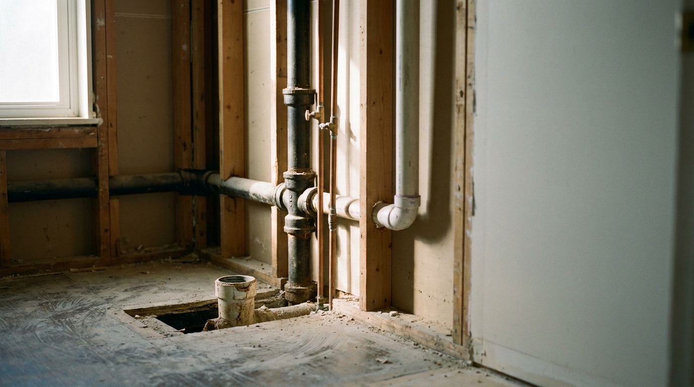 Exposed plumbing pipes in unfinished wall of a home renovation site