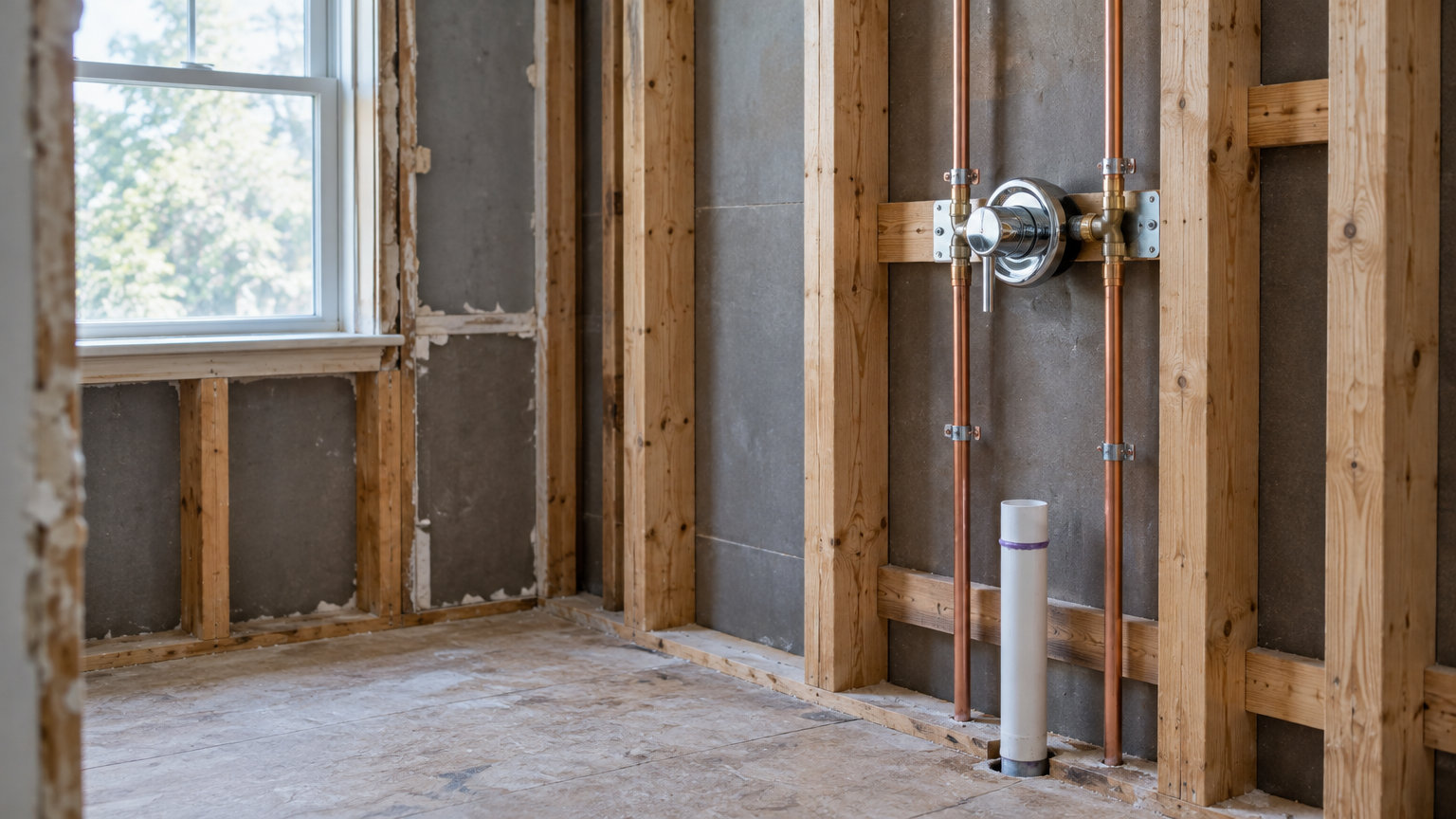 Exposed plumbing pipes and unfinished walls in a partially renovated bathroom with natural light through window