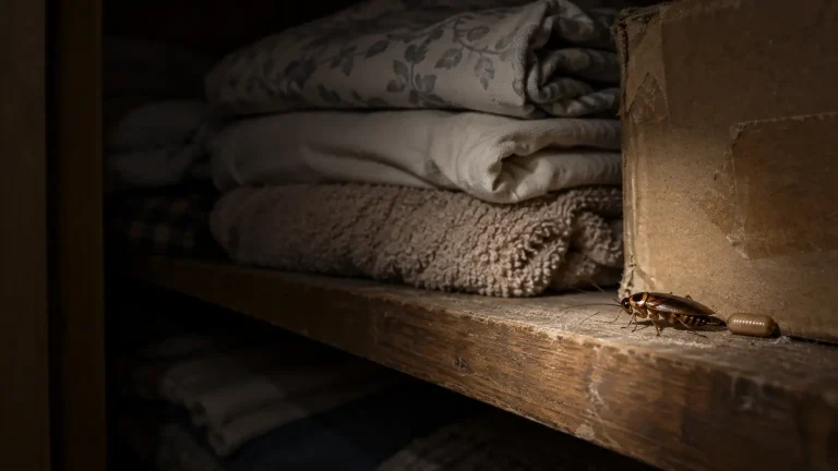 Cockroach and egg case on wooden shelf with folded linens and cardboard box nearby