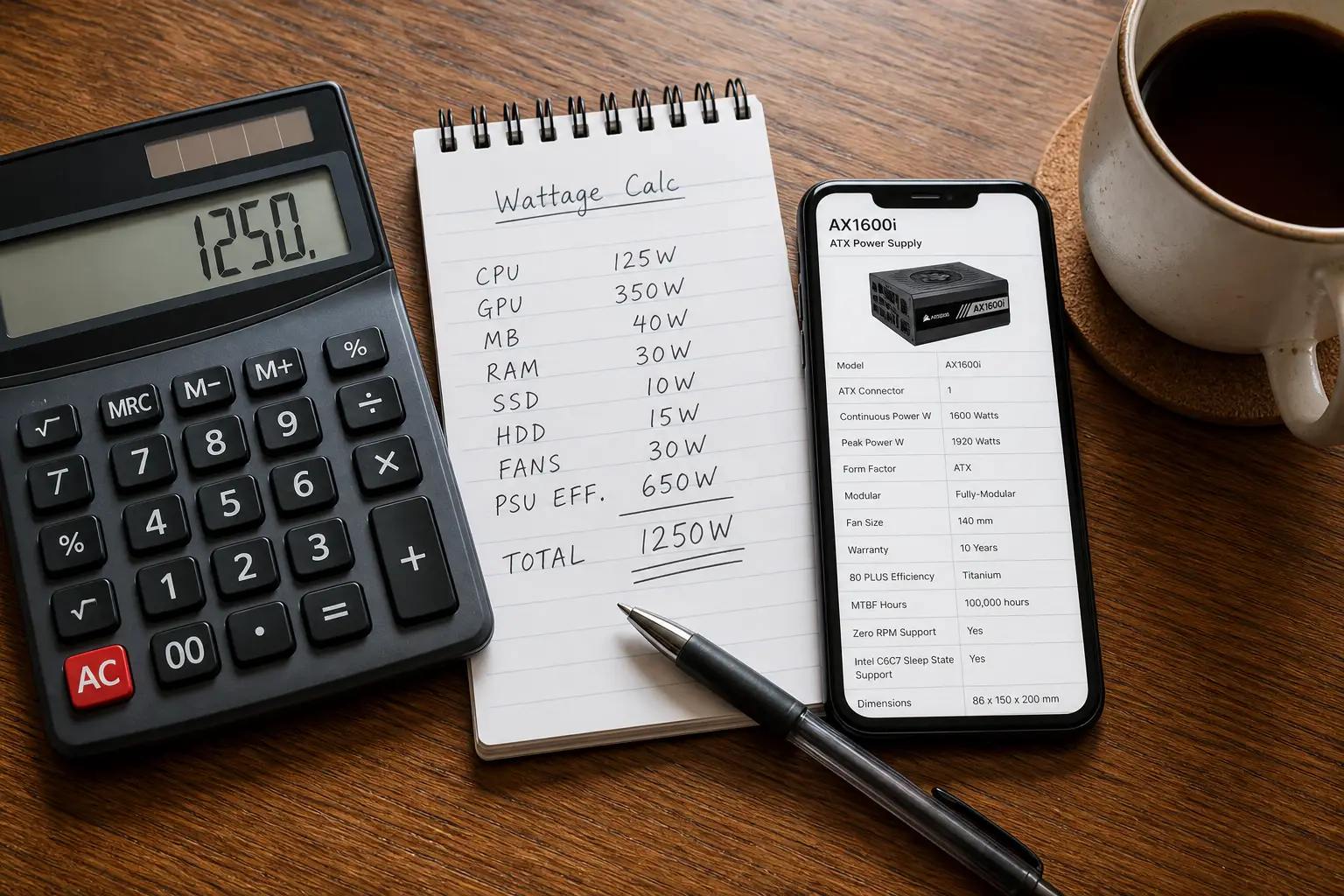 Calculator, notepad with wattage calculations, and smartphone displaying power supply specs on wooden desk