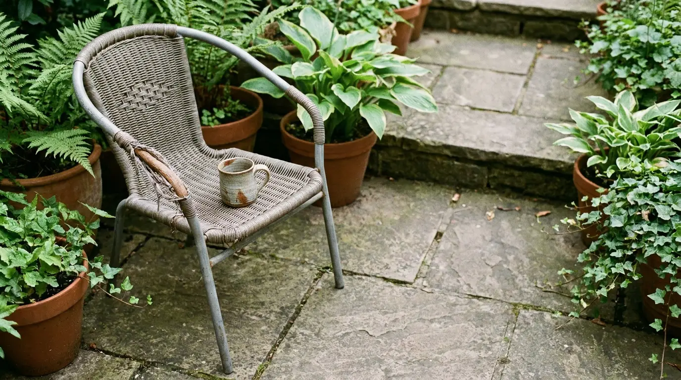 Wicker chair with ceramic mug in lush garden patio setting surrounded by potted plants