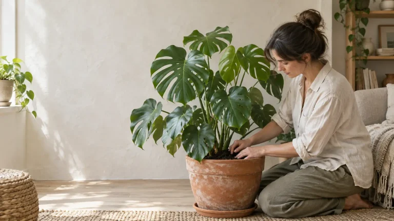 Woman tending to a potted Monstera plant in a sunlit living room