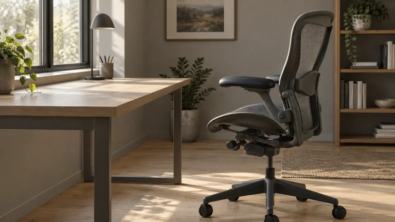 Modern ergonomic chair beside wooden desk in bright home office with plants and bookshelf