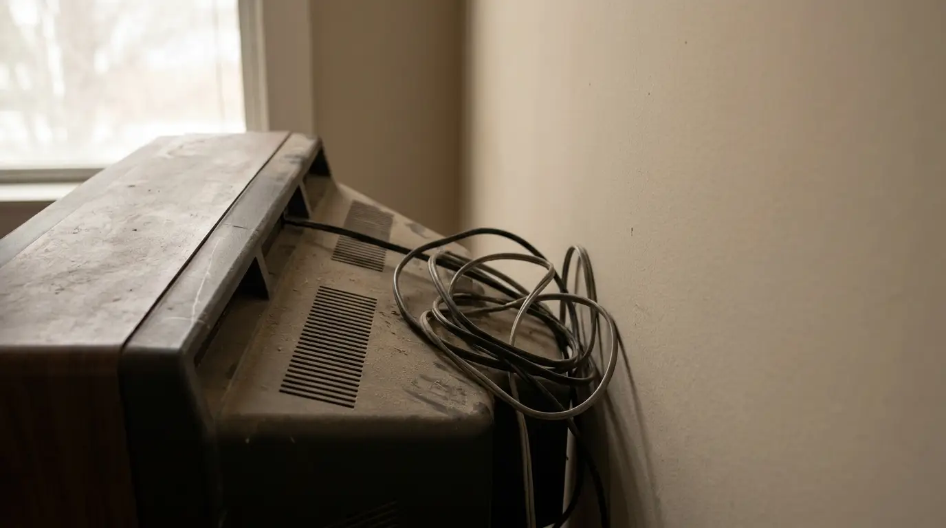 Dusty vintage television and tangled cables in a dimly lit room