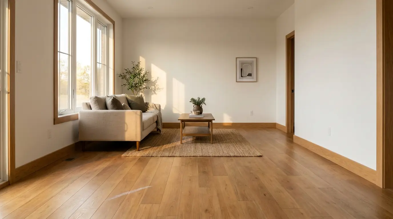 Sunlit living room with beige sofa, wooden coffee table, and jute rug on hardwood floor
