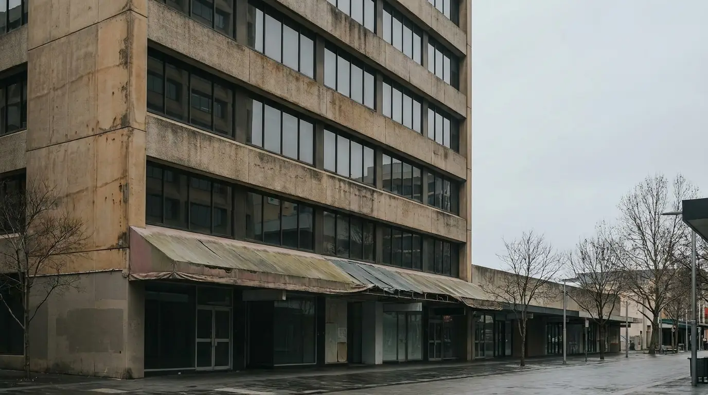 Abandoned urban building with boarded windows and worn facade on overcast day