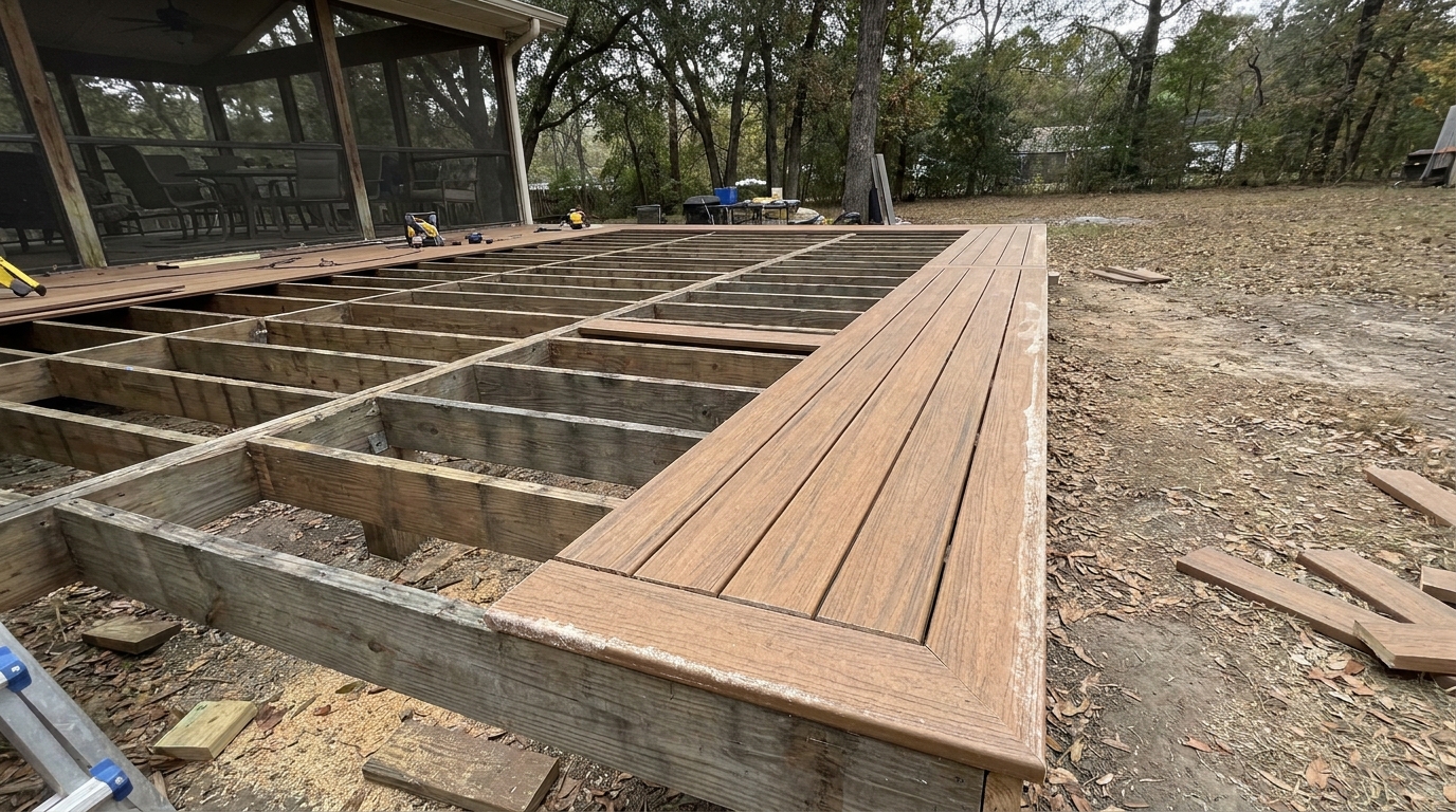 Partially constructed outdoor wooden deck in a backyard setting with visible support beams