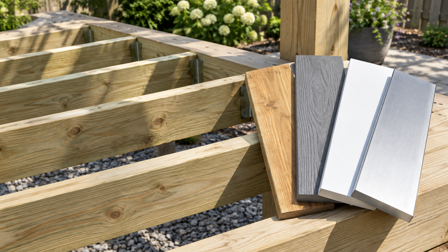 Wooden deck framing with samples of various decking materials in a sunny outdoor setting