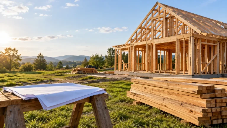 Wooden house frame under construction with timber stacks and blueprints on workbench outdoors