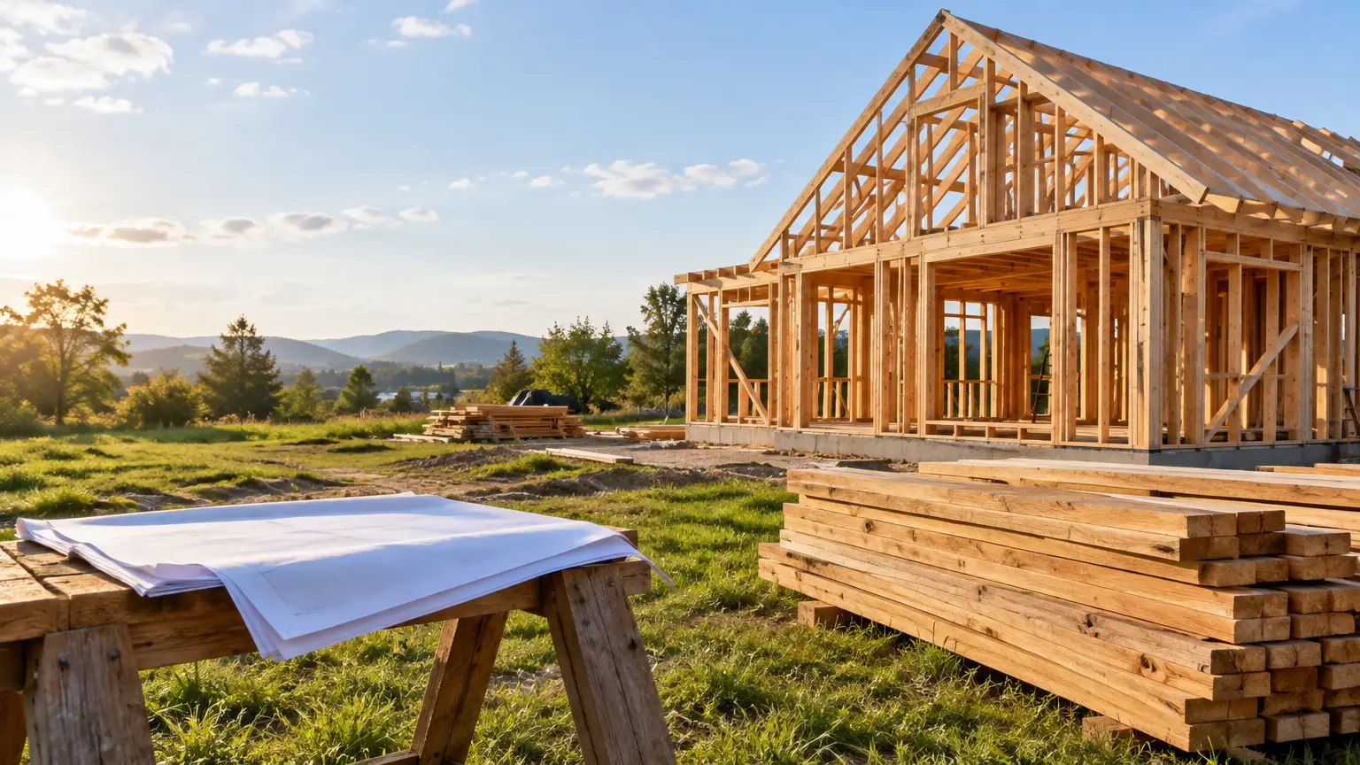Wooden house frame under construction with timber stacks and blueprints on workbench outdoors