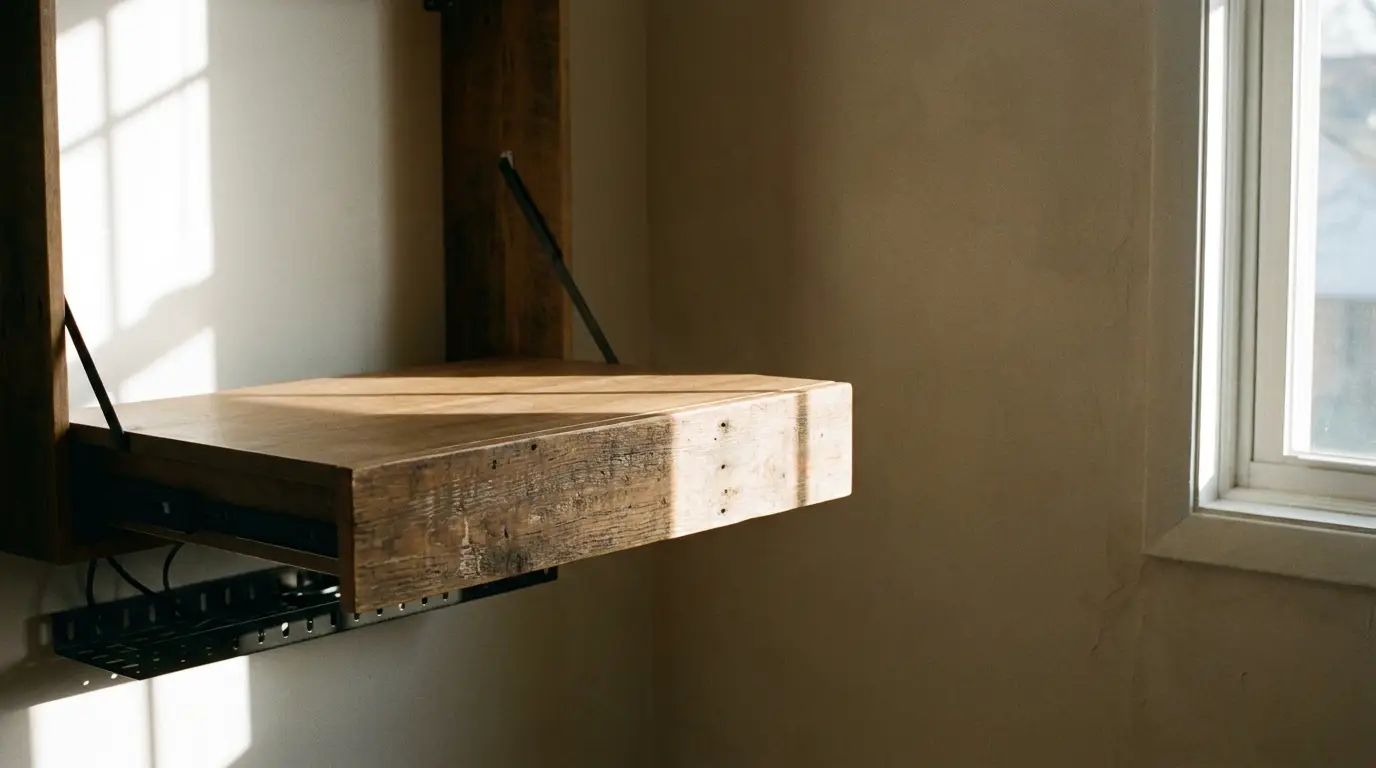 Rustic wooden floating desk in sunlit corner of a minimalist room