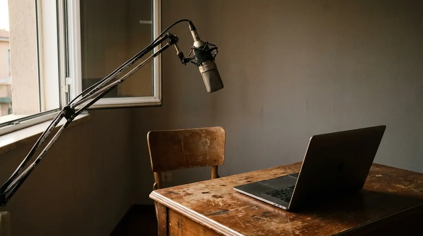 Home broadcast desk with microphone on boom arm and closed laptop lit by soft window light