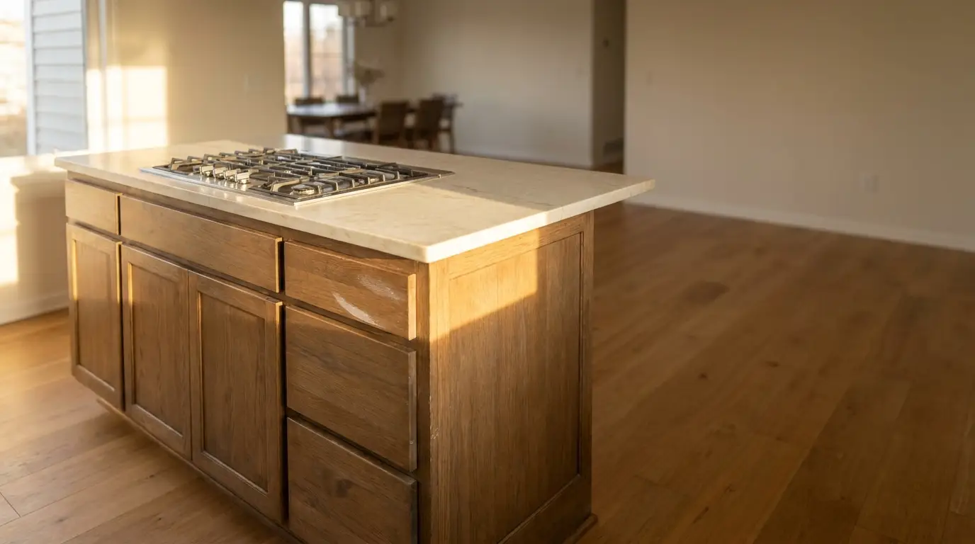 Wooden kitchen island with marble countertop and gas stove in sunlit open space kitchen