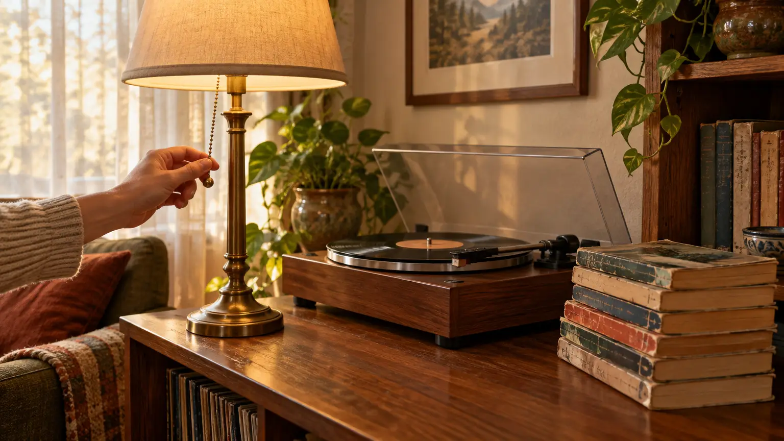 Hand reaching for brass lamp pull chain near vintage record player and stacked books in cozy room