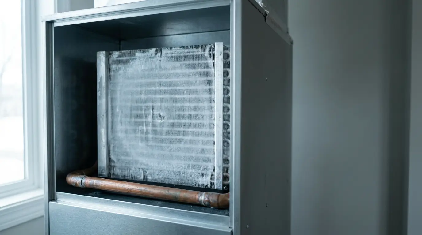Frost covered evaporator coil fins and copper refrigerant line inside an open home air handler unit