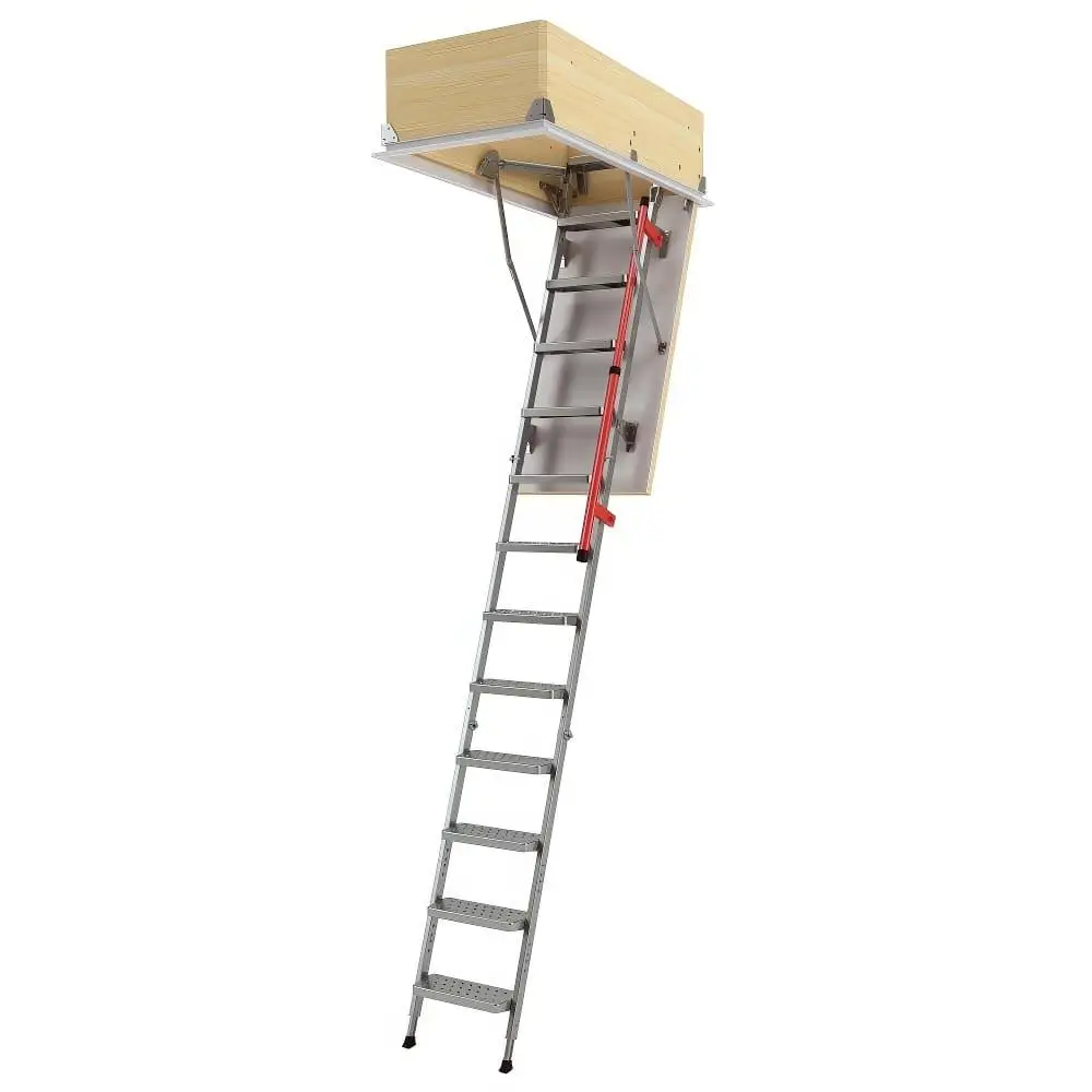 Folding attic ladder with metal steps and handrail extended from wooden ceiling hatch
