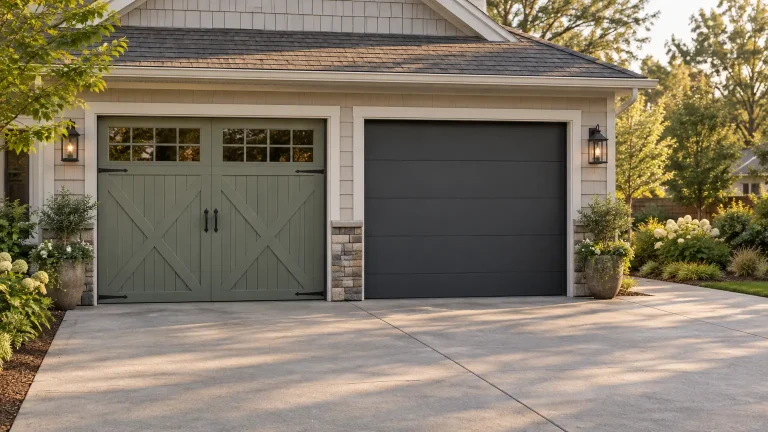 Two-car garage with sage green and dark gray doors, surrounded by plants and lanterns