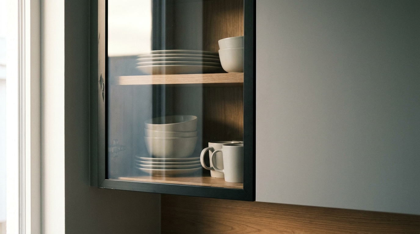 Ceramic dishes and mugs on wooden shelves behind glass cabinet door in modern kitchen