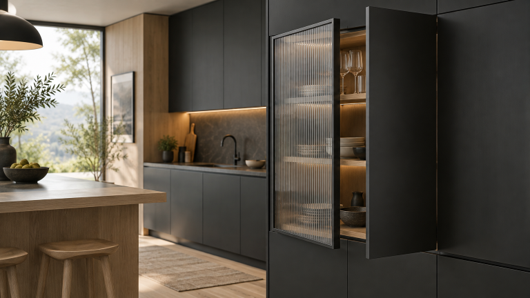 Contemporary kitchen with open cabinet, glassware, wooden island, stools, and large window view