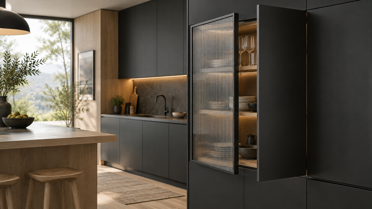 Contemporary kitchen with open cabinet, glassware, wooden island, stools, and large window view