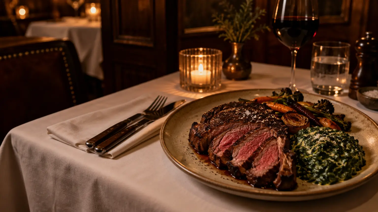 Sliced steak with roasted vegetables and creamed spinach on a table in a dimly lit restaurant