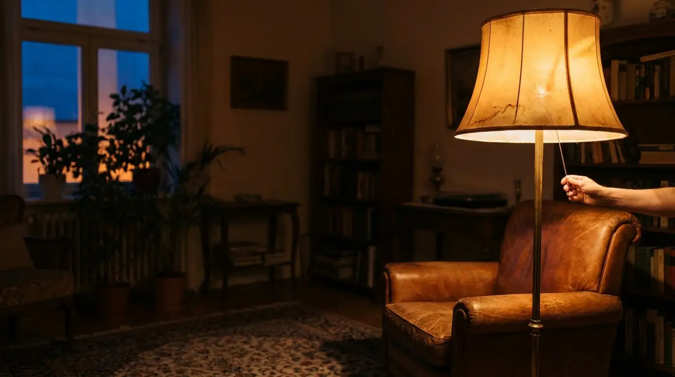 Cozy living room with leather armchair, floor lamp being switched on, warm ambient lighting