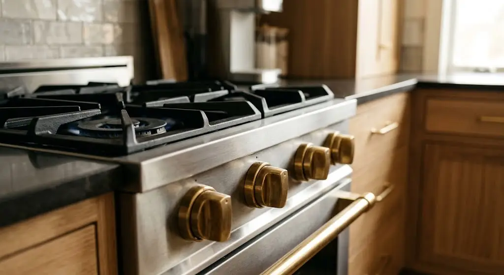 Gas stove with brass knobs in modern kitchen with wooden cabinets and warm lighting