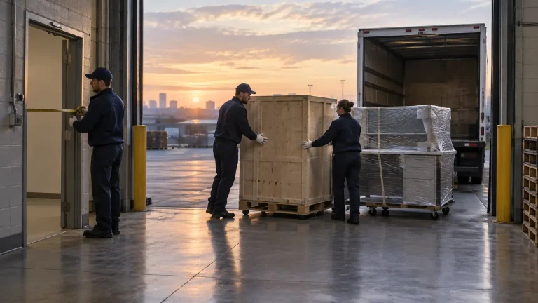 Workers unloading wooden crates from truck in warehouse setting at sunrise