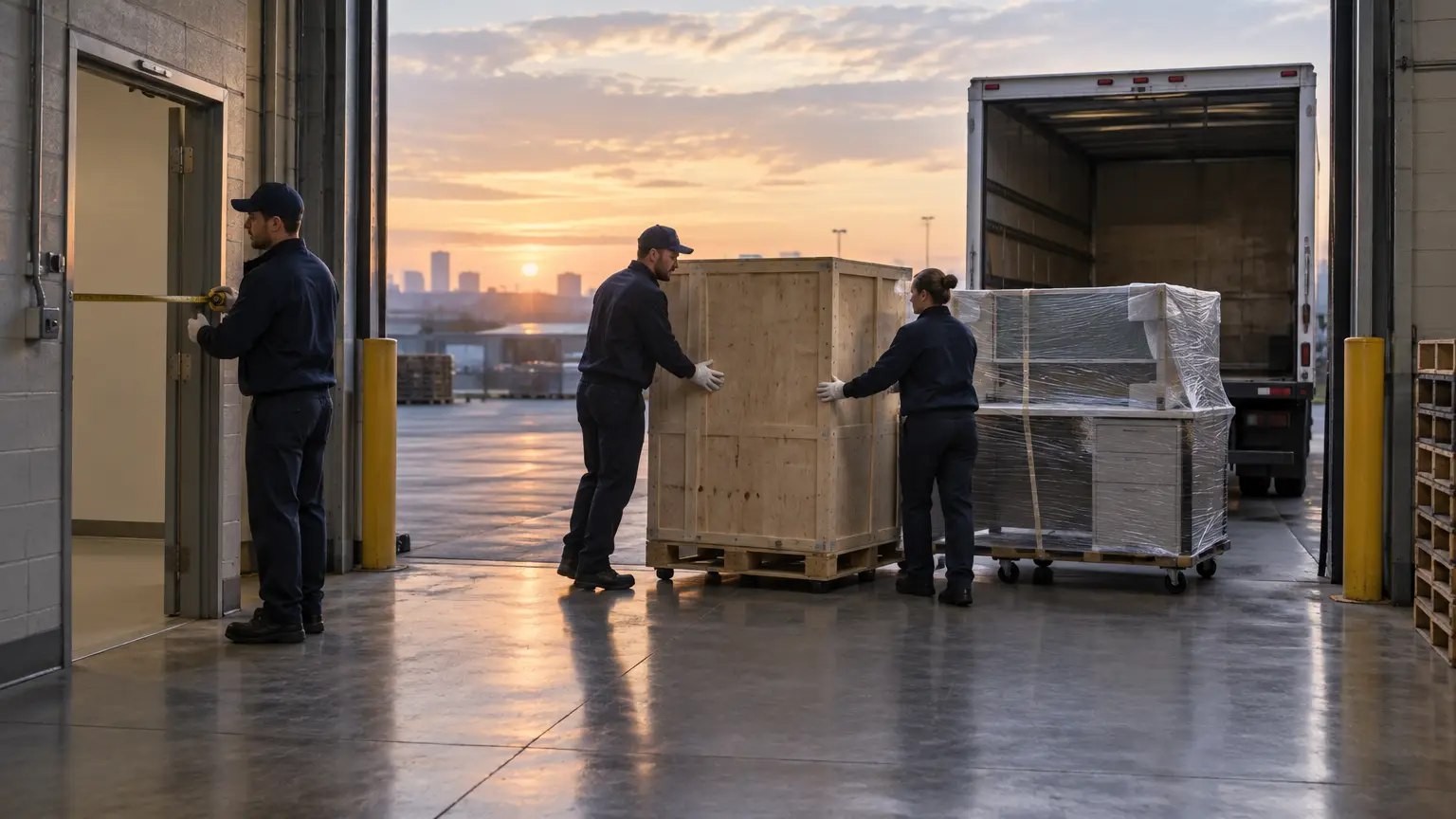 Workers unloading wooden crates from truck in warehouse setting at sunrise