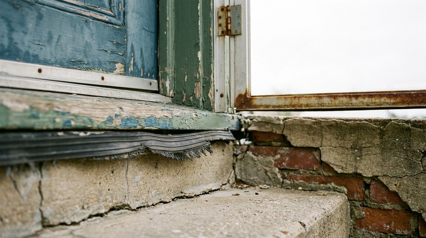Worn wooden door frame with peeling paint on concrete step with exposed brick and rusted hinge