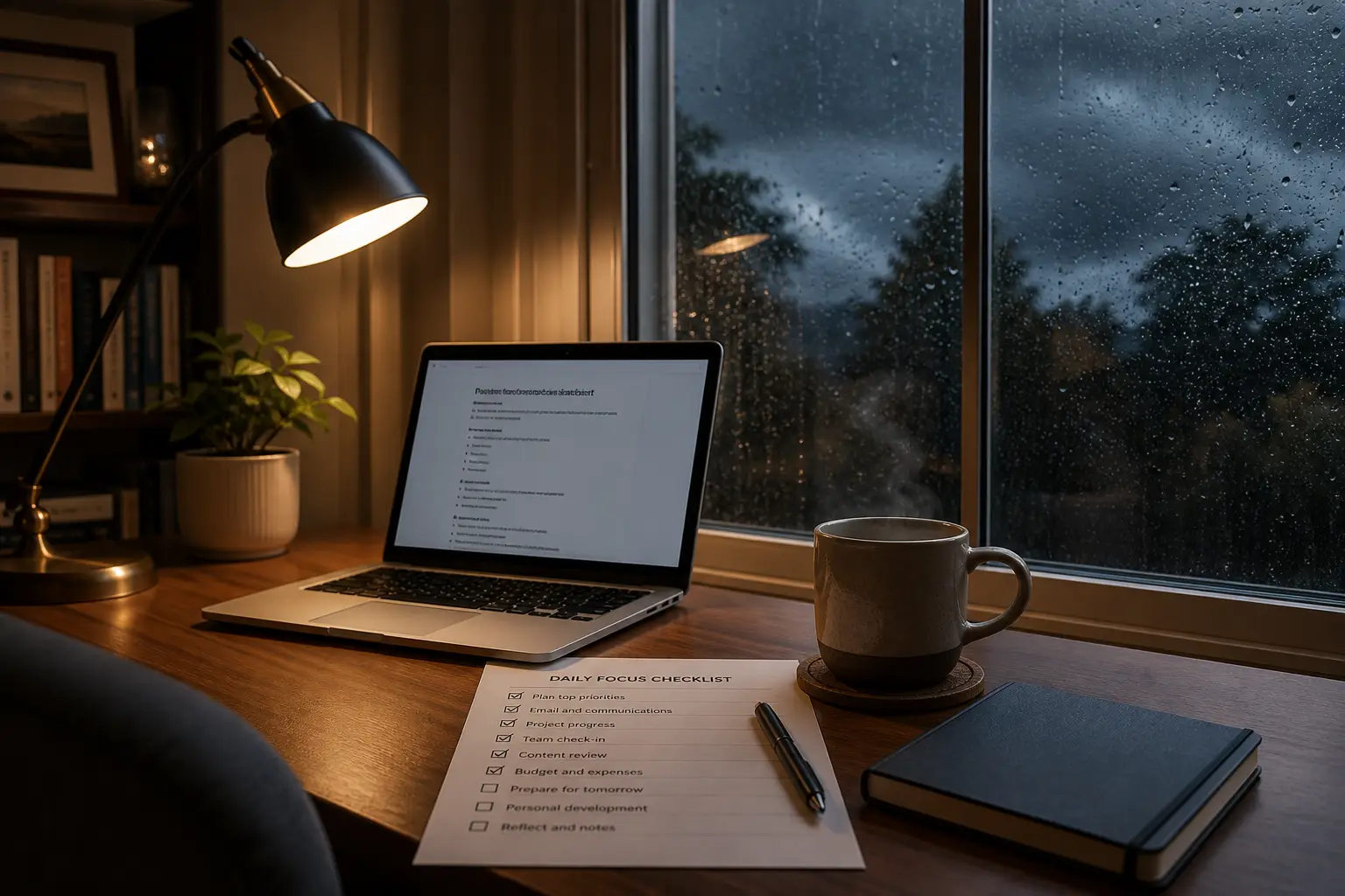 Laptop on wooden desk with checklist, pen, plant, and coffee mug by rainy window