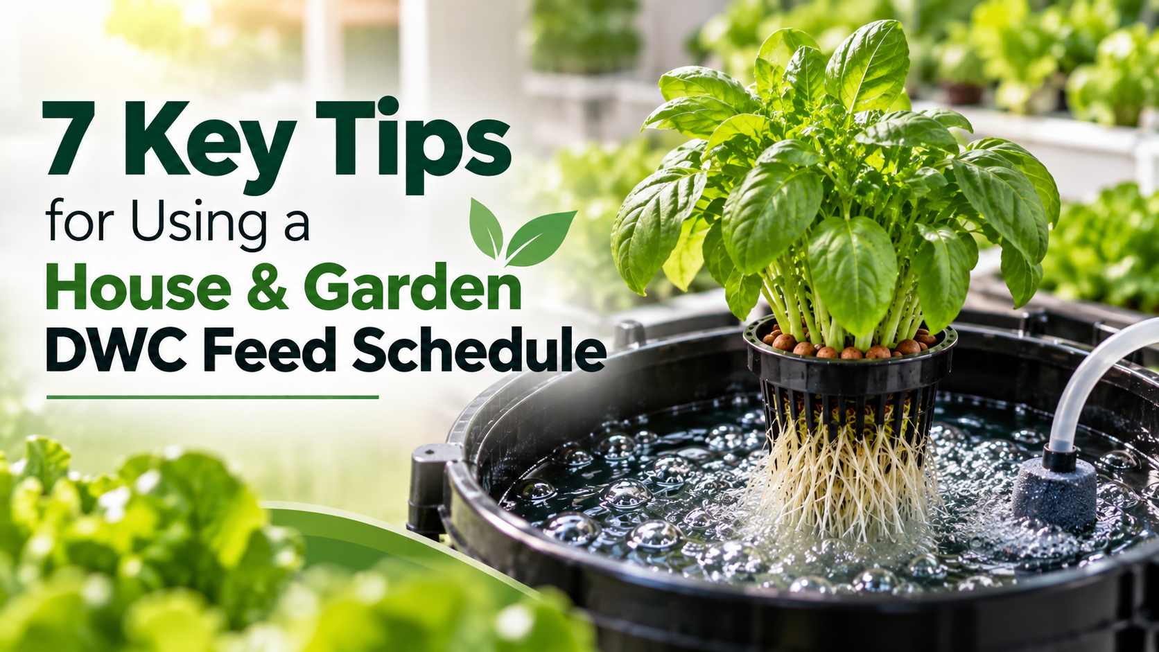 Hydroponic basil plant in net pot with visible roots in bubbling water system